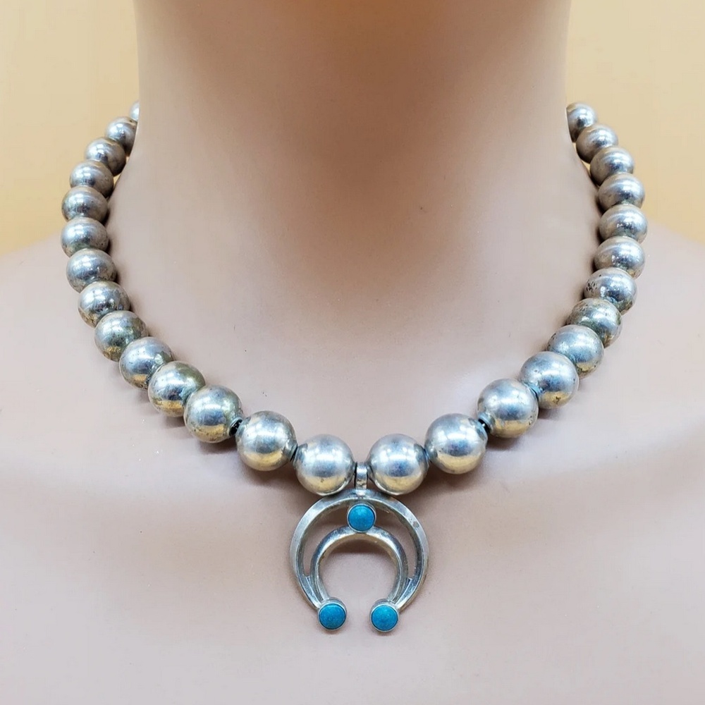 Vintage Native American Silver Beaded Faux Turquoise Squash Blossom Necklace